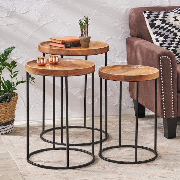Noble House Croton Natural and Black Nested Side Tables (Set of 3)