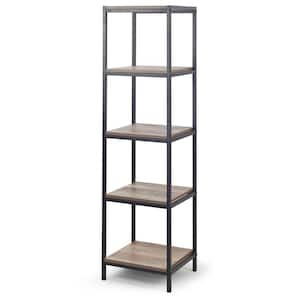 August 57.25 in. Light Brown Weathered Oak Particle Board 5- -Shelf Modern Etagere Bookcase with Metal Frame