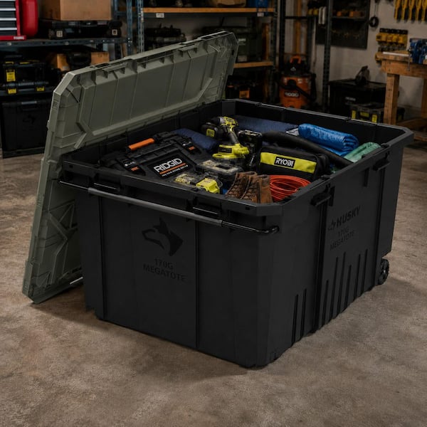 在庫処分　TPUダンベル　35kg2個 Husky 170 Gal. Pro Grip Storage Tote in Black with Army Green Lid