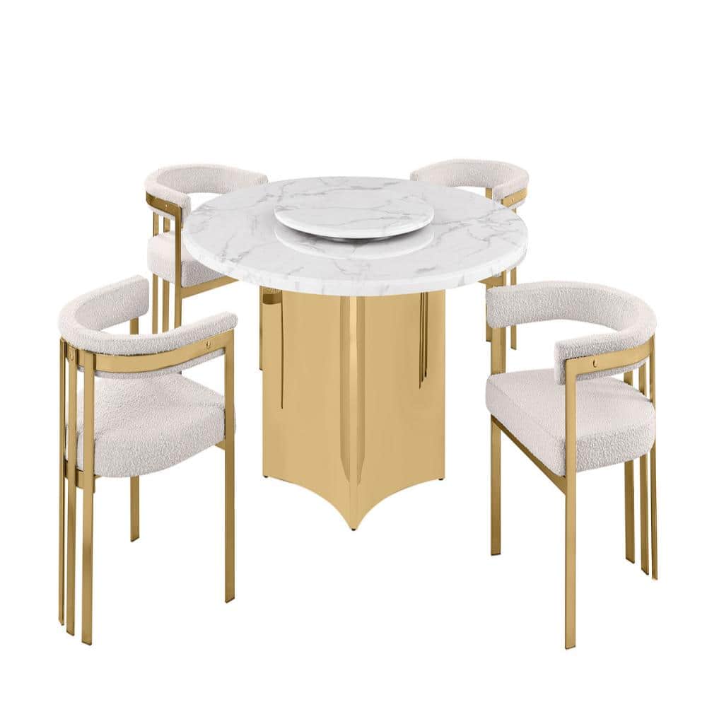 Camryn 5-Piece Round White Marble Top With Lazy Susan Gold Stainless Steel Base Dining Set With 4 Cream Chairs price history on PriceWatchPro