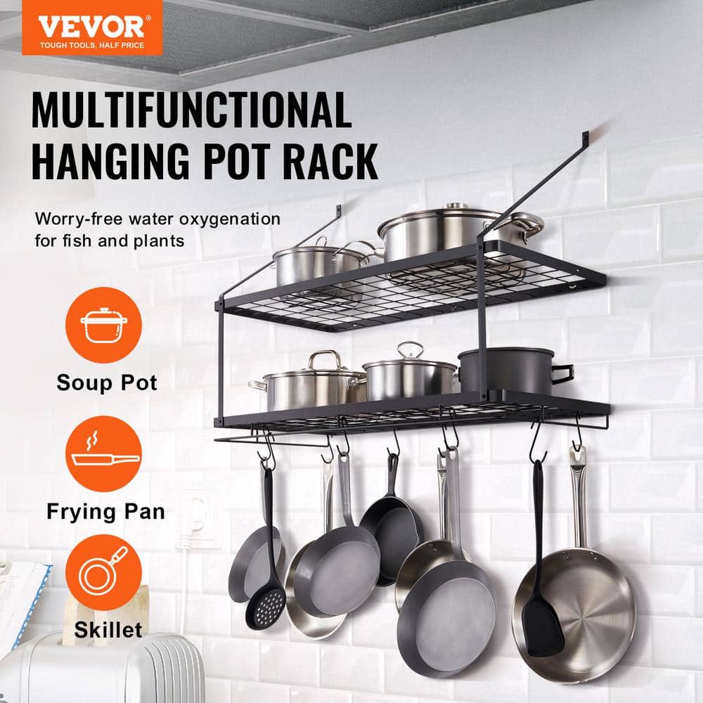 Black Metal Wall-Mounted Pot Rack with 12 Hooks