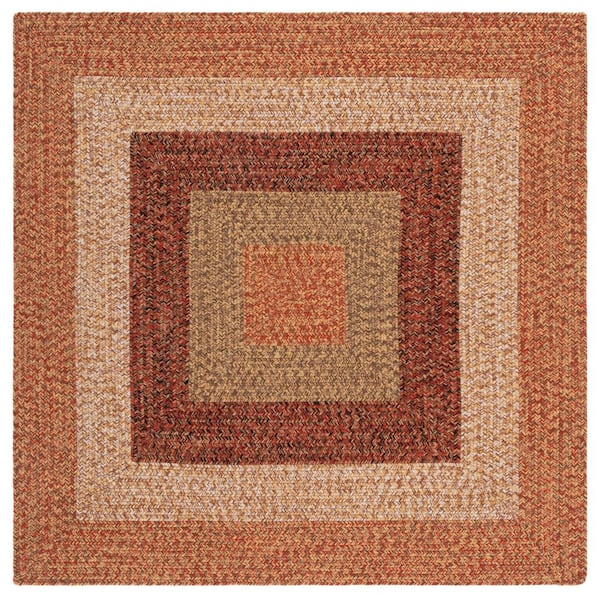 Braided Rust/Red 5 ft. x 5 ft. Machine Washable Solid Striped Border Square Area Rug