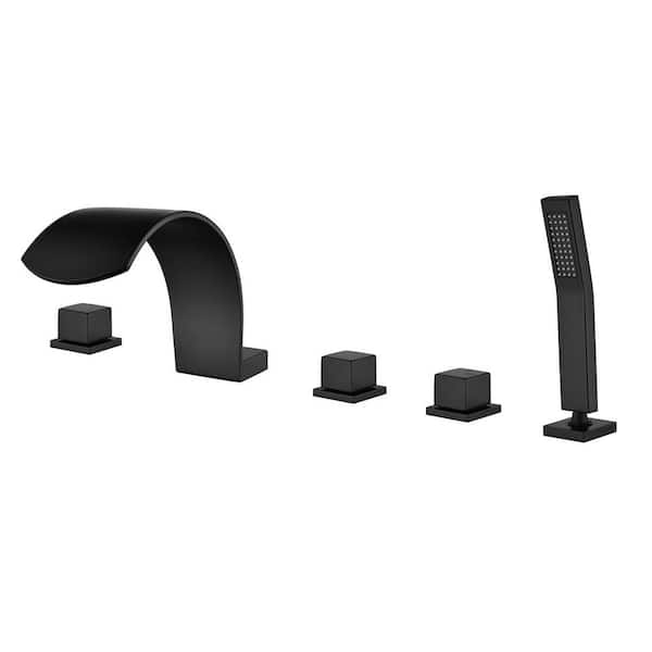 FLG 3-Handle Deck Mount Waterfall Roman Tub Faucet with Hand Shower Brass 5-Holes Bathtub Filler with Sprayer in Matte Black