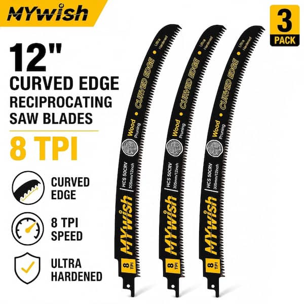 12 in. 8 TPI High Carbon Steel Curved Jigsaw Blades for Clean Wood and Dry Branch Cutting (3-Pack)