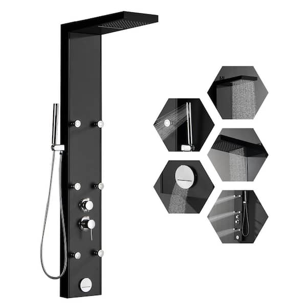 BWE 6-Jet Rainfall Shower Panel System with Spa Jets Rainfall Waterfall Shower Head and Shower Wand Marble Finish in Black