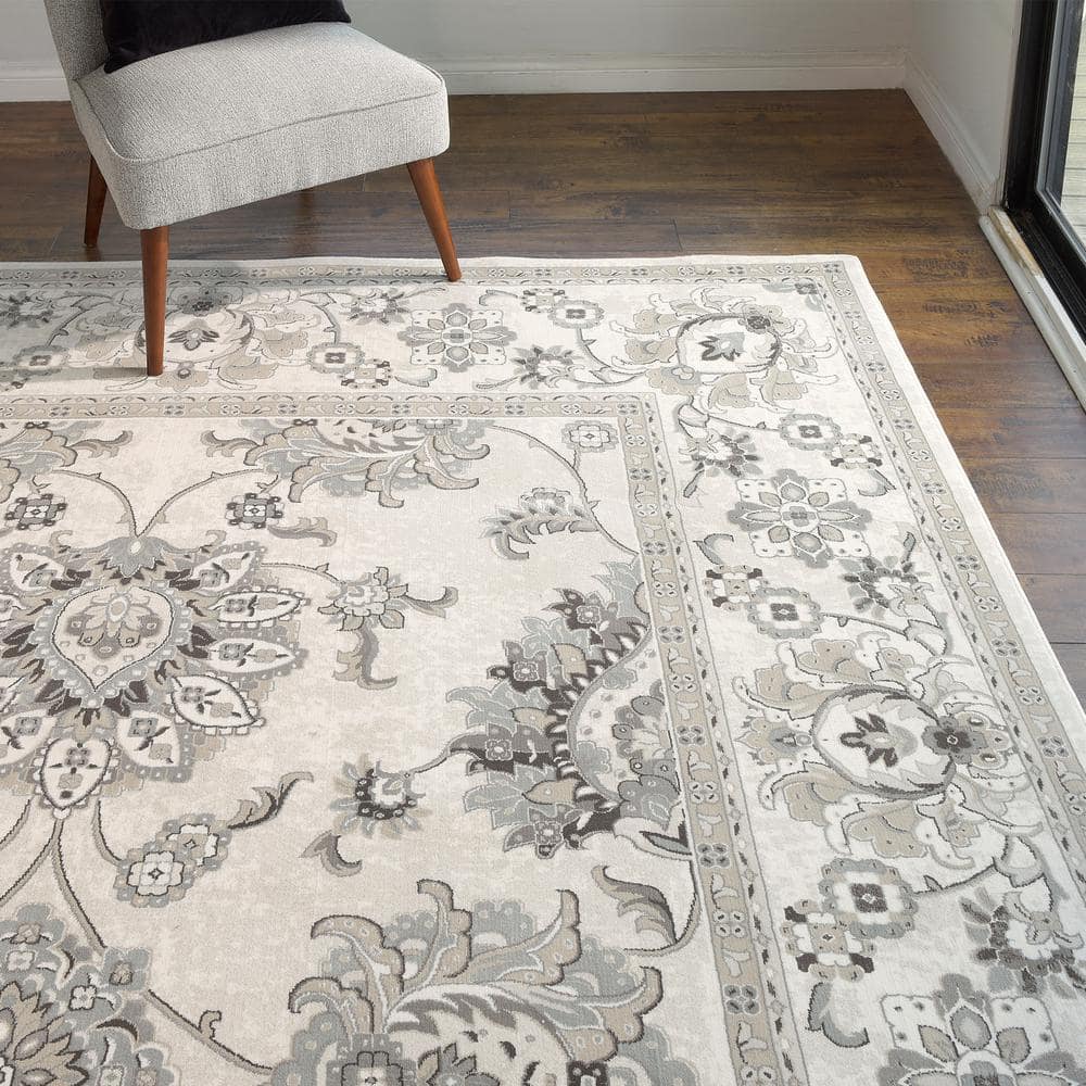 Ivory and Gray Traditional Oriental Floral Border Area Rug