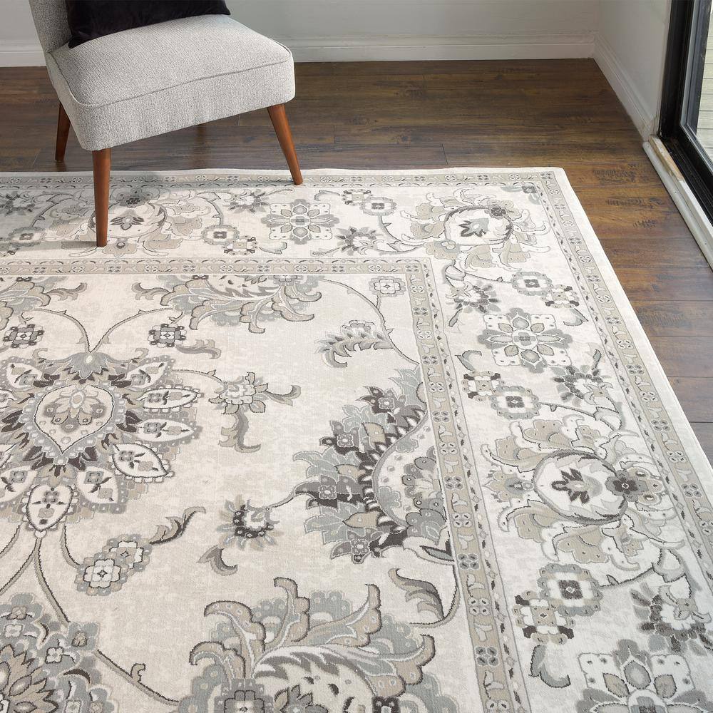 Ivory and Gray Traditional Oriental Floral Border Area Rug