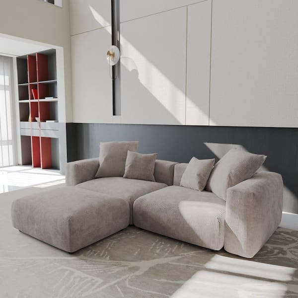 Unbranded 102 in. Square Arm Corduroy 3-Piece Modular Living Room Sectional Sofa with Deep Seat and Ottoman in Brown 3-Seater