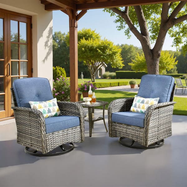 Noah Gray 3-Piece Wicker Outdoor Patio Conversation Furniture Set with Swivel Chairs, Side Table, Denim Blue Cushions