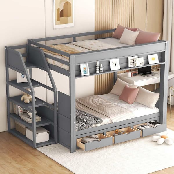 Gray Wood Full Size Convertible Bunk Bed with Storage Staircase, Bedside Table, and 3 Drawers
