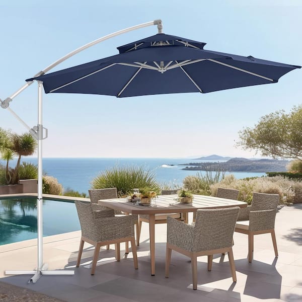 Yangming 10 ft. 2-Tier Top Aluminum Offset Easy Tilt and Crank Cantilever Patio Umbrella in Navy Blue for Pool Garden