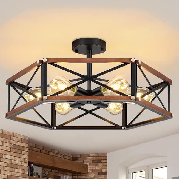 ZSMIHDOH 22.3 in. 6-Light Rustic Farmhouse Metal & Wood Hexagon