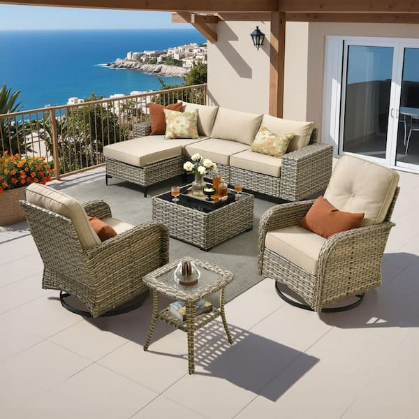 Verano 8-Piece Wicker Patio Conversation Sofa Seating Swivel Rocking Chairs Set with Ottoman and Beige Cushions