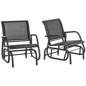 Rocking Chair 1-Person Metal Outdoor Glider with Breathable Mesh Fabric, Curved Armrests, Steel Frame in Black Set of 2