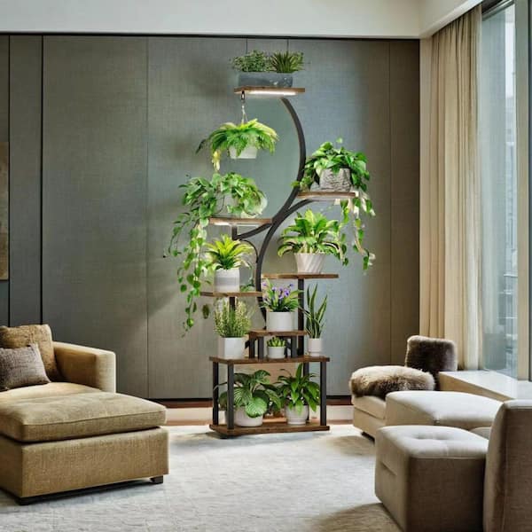 Quinlan 61 in. H x 19.6 in. W x 10.2 in. D Indoor Specialty Dark Walnut Wood Plant Stand with Grow Lights 8-Tier