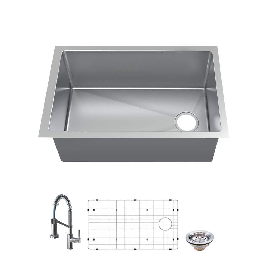 Glacier Bay AIO Tight Radius Undermount 18G Stainless Steel 31 in. Single Bowl Kitchen Sink with Offset Drain and Spring Neck Faucet, Silver