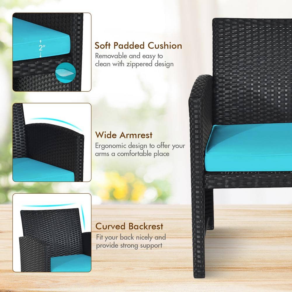 Turquoise Cushioned Black Wicker 4-Piece Patio Conversation Set