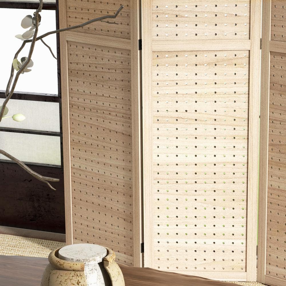 Natural Wood 6-Panel Folding Room Divider with Hook Holes
