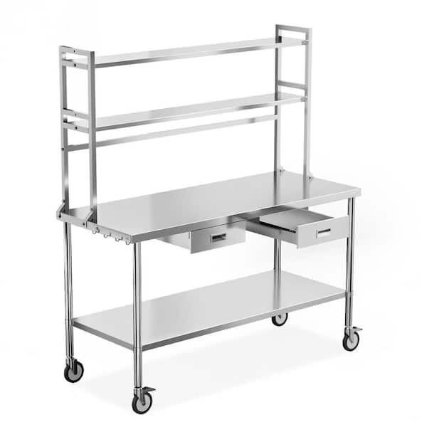 60 x 24 in. Stainless Steel Table Kitchen Prep Table with 4 Wheels and Overshelf