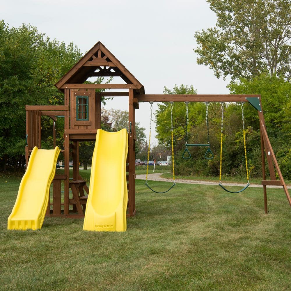 Castlebrook Large Wooden Play Swing Set with Slides and Clubhouse