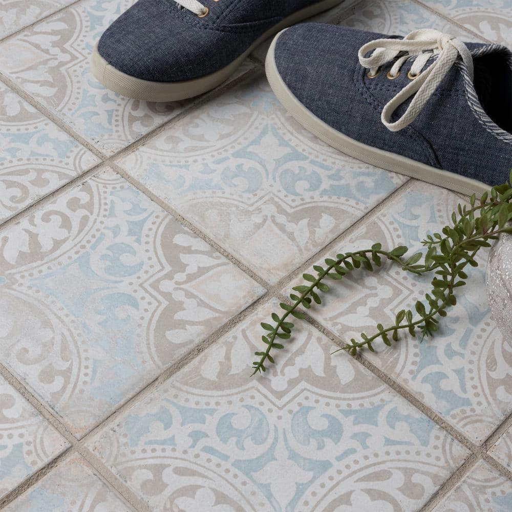 Barcelona 6" x 6" Beige and Blue Porcelain Patterned Tile