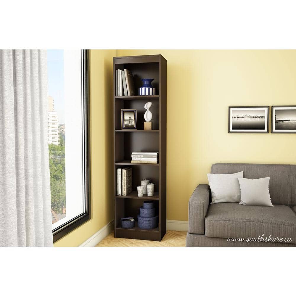 Chocolate Wood Adjustable 5-Shelf Narrow Bookcase