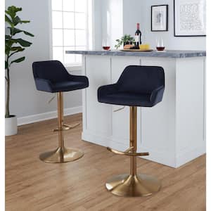 Daniella 32.25 in. Black Velvet and Gold Metal Adjustable Bar Stool with Rounded T Footrest (Set of 2)