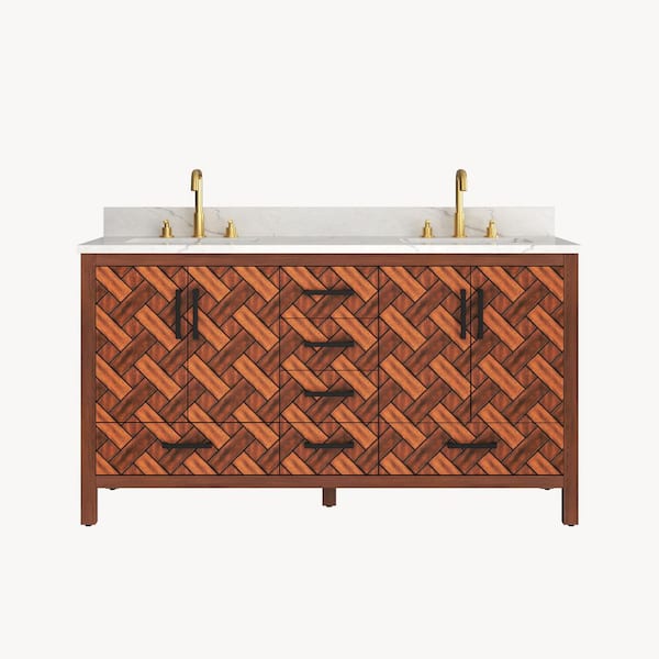 60 in. W x 22 in. D x 34 in. H Freestanding Caramel Woven Brown Bath Vanity with White Engineered Stone Top, Eco Wood