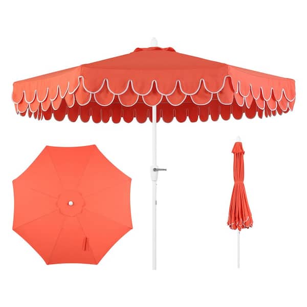 Tracy 9 ft. Scalloped Fringe Market Patio Umbrella with Auto-Tilt Crank, Wind Vent and UV Protection in Coral Red/White