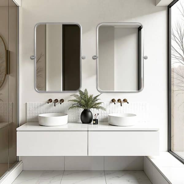 Silver 24 in. W x 31 in. H Modern Rectangle Metal Framed Pivoted Wall Vanity Mirror (Set of 2)