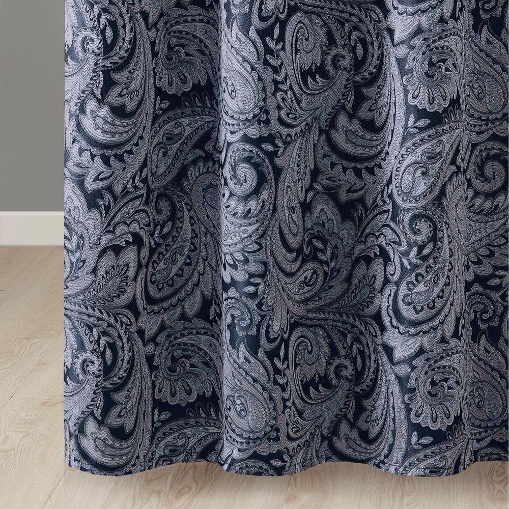 Navy Paisley Jacquard Shower Curtain with Color Block Panel