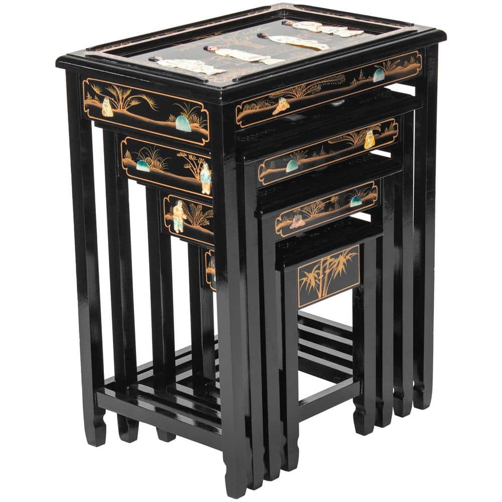 Elegant Elmwood Black Lacquer Nesting Tables with Mother of Pearl Inlay
