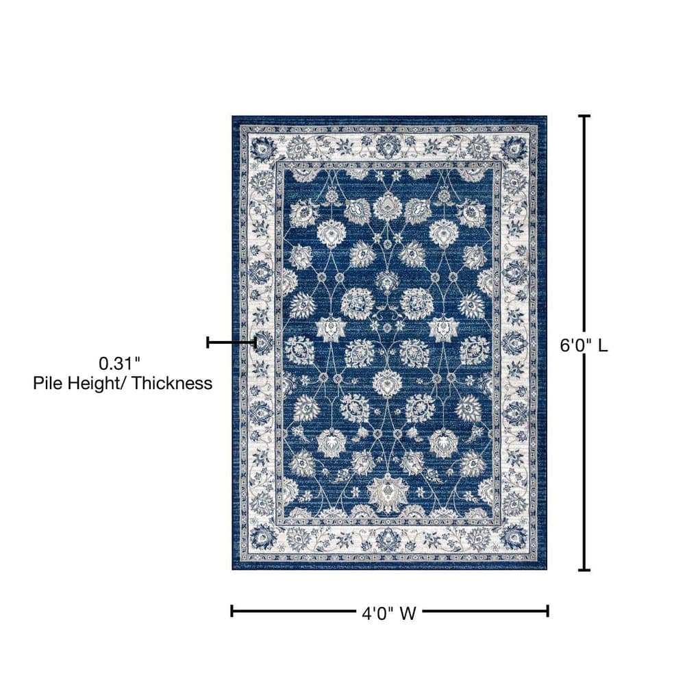 Ivory and Blue Floral Synthetic 4' x 6' Area Rug