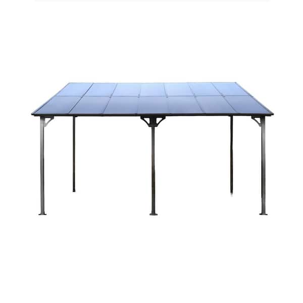 Heavy Duty Series 10 ft. x 14 ft. Grey Metal Wall-Mounted Outdoor Pergola Gazebo with Roof for Patio, Decks, Backyard