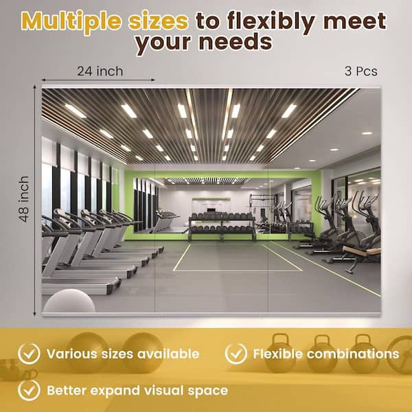 Modern 24 in. W x 48 in. H Frameless Wall Mirror HD Tempered Glass Gym Mirror/Yoga Mirror, Easy Wall Mount (3-Pack)