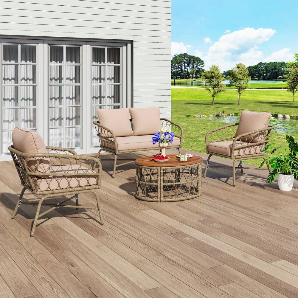 4-Piece Beige Wicker Patio Set with Brown Wood Table
