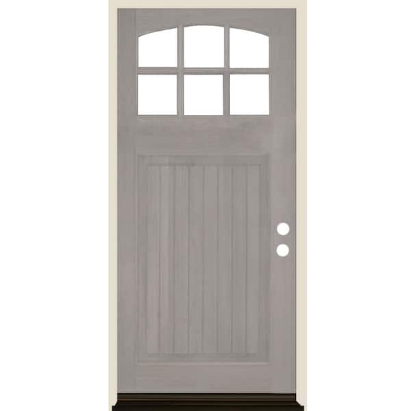 Krosswood Doors 36 in. x 80 in. Craftsman 6 Lite V Groove Arch Top Grey Stain Left-Hand/Inswing Hemlock Prehung Front Door