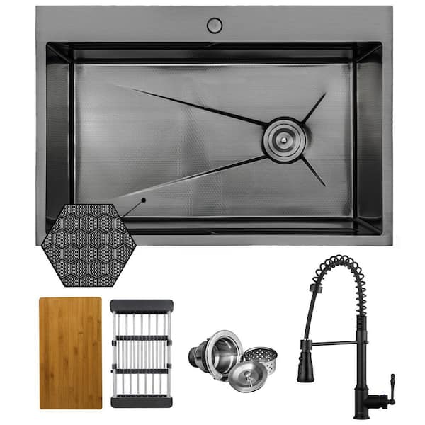 HEX 33 in. Drop-in Single Bowl Gunmetal Black Stainless Steel Workstation Kitchen Sink with Faucet