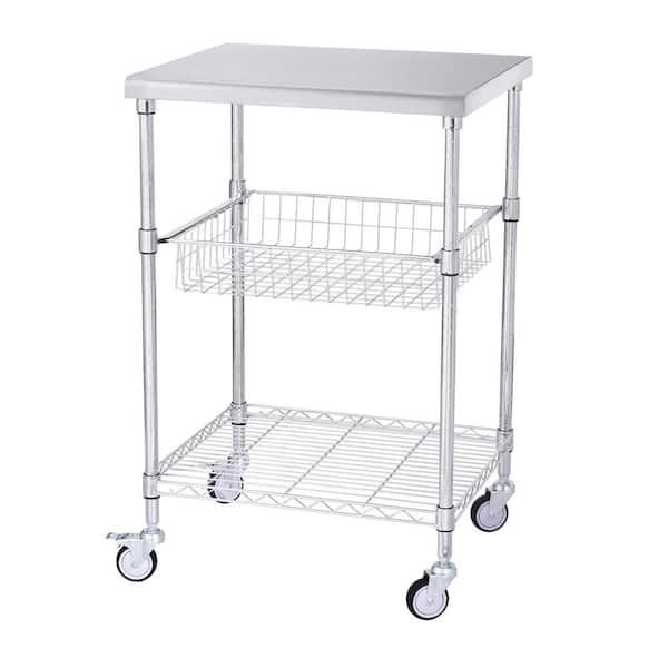 SKYSHALO 3-Tier Utility Cart Rolling Cart Silver Metal Kitchen Cart with Locking Casters 24"x 20"x 36.6" 470 lbs. 6 Hooks