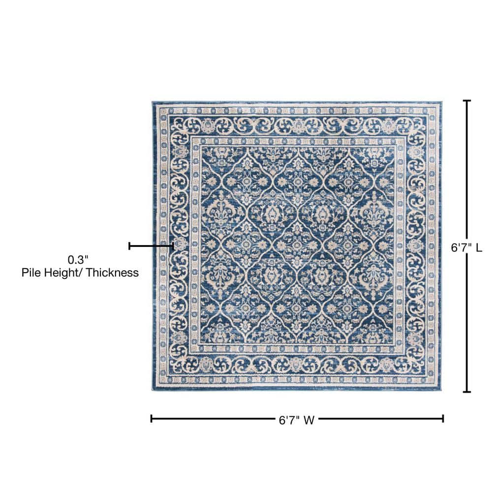 Elegant Square Navy and Light Grey Synthetic Area Rug, 6'7" Square