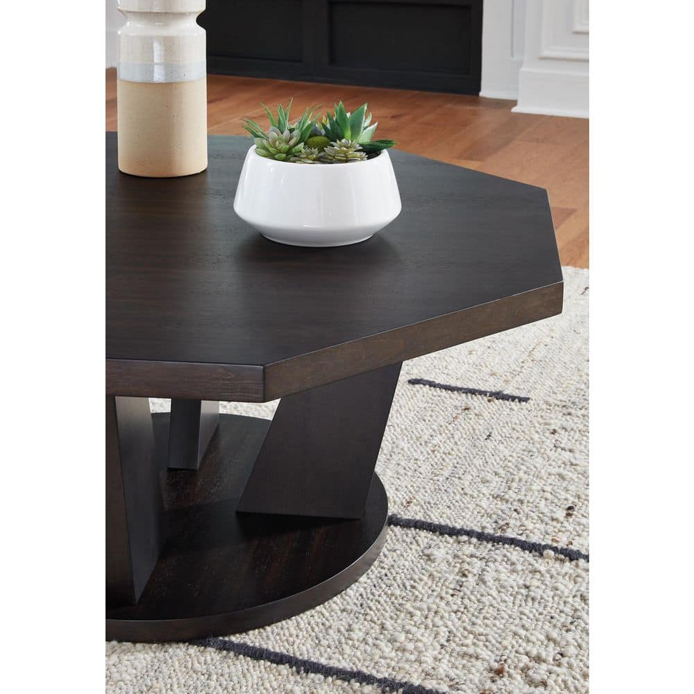 Dark Brown Octagonal Wood Coffee Table with Trapezoid Legs