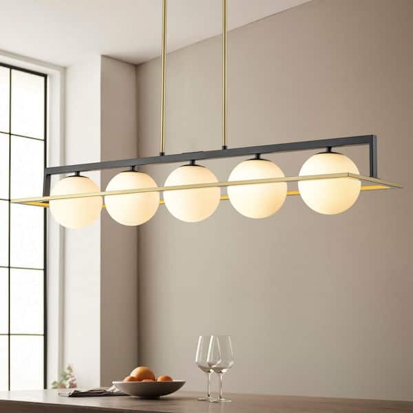 Hicklin 5-Light Modern Industrial Black and Gold Rectangular Chandelier with Frosted Glass Shade