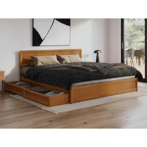 Lylah Light Toffee Natural Bronze Solid Wood Frame King Platform Bed with Panel Footboard and Storage Drawers