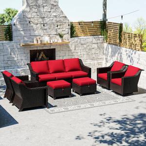 7-Piece Wicker Outdoor Patio Conversation Sectional Set With Red Cushions