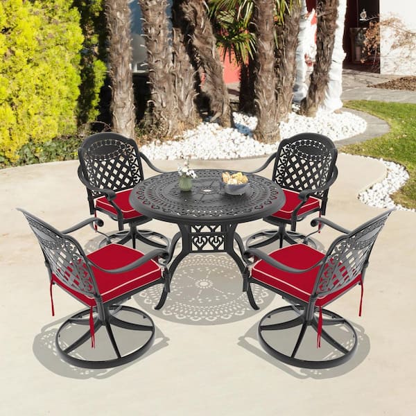 Isabella 5-Piece Cast Aluminum Patio Outdoor Dining Set with Round Dining Table, 4 Swivel Chairs and 4 Red Cushions