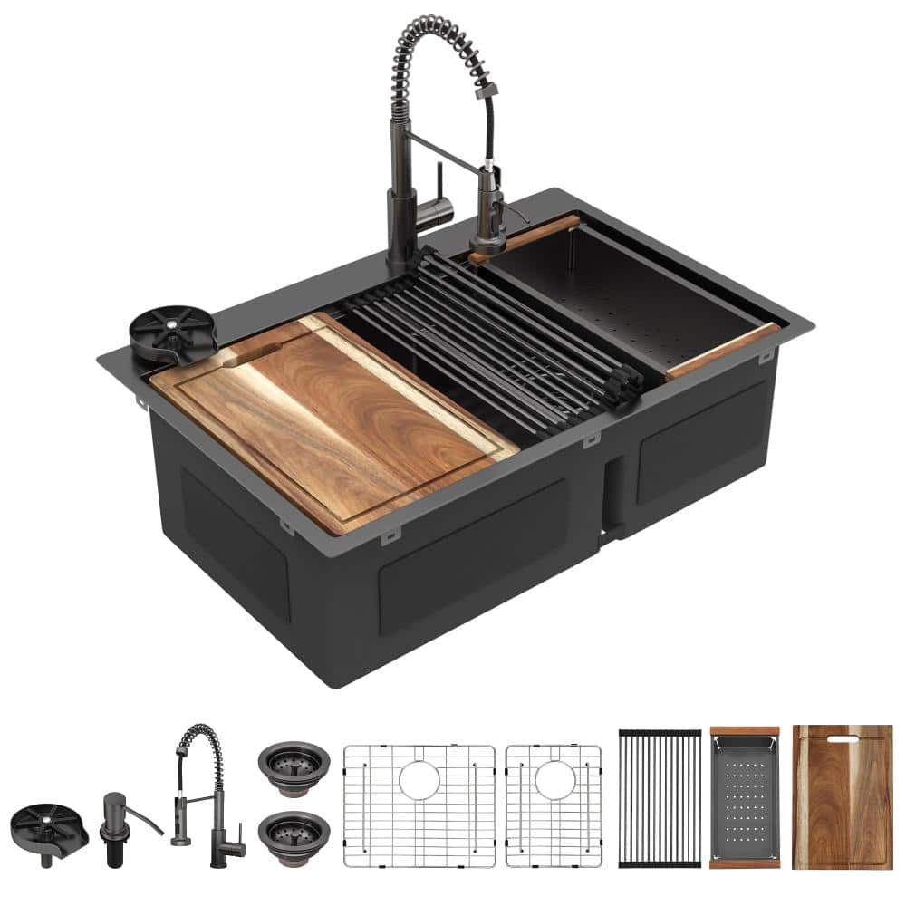 33in Drop In Gunmetal Black 60/40 Low Divide Double Bowl Stainless Steel Workstation Kitchen Sink with Faucet,Cup Washer price history on PriceWatchPro