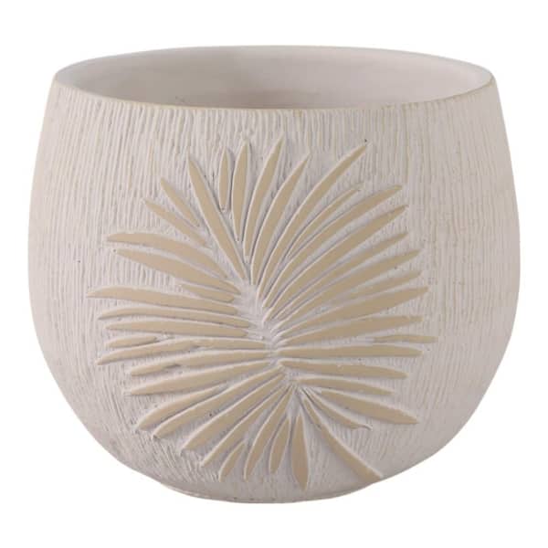 Ivory Ceramic Round Decorative Pot Planter (8 in. W x 6 in. H) with Carved Pampas