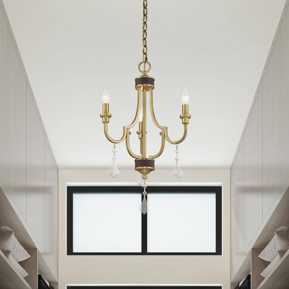 Antique Brass 3-Light Mini Chandelier with Clear Crystals