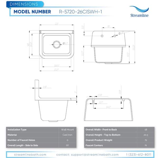 Streamline Wall Mount Cast Iron 22 in. 2-Hole Single Bowl Kitchen Sink in  White R-5720-26CISWH-1 - The Home Depot