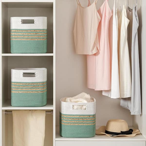 Green 13 in. x 13 in. Cotton Decorative Basket (Set of 4) with Handles